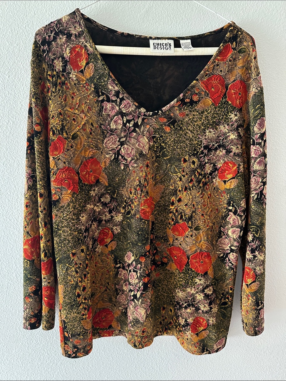 Chico's Design Floral V-neck Top - Olive with Red Floral